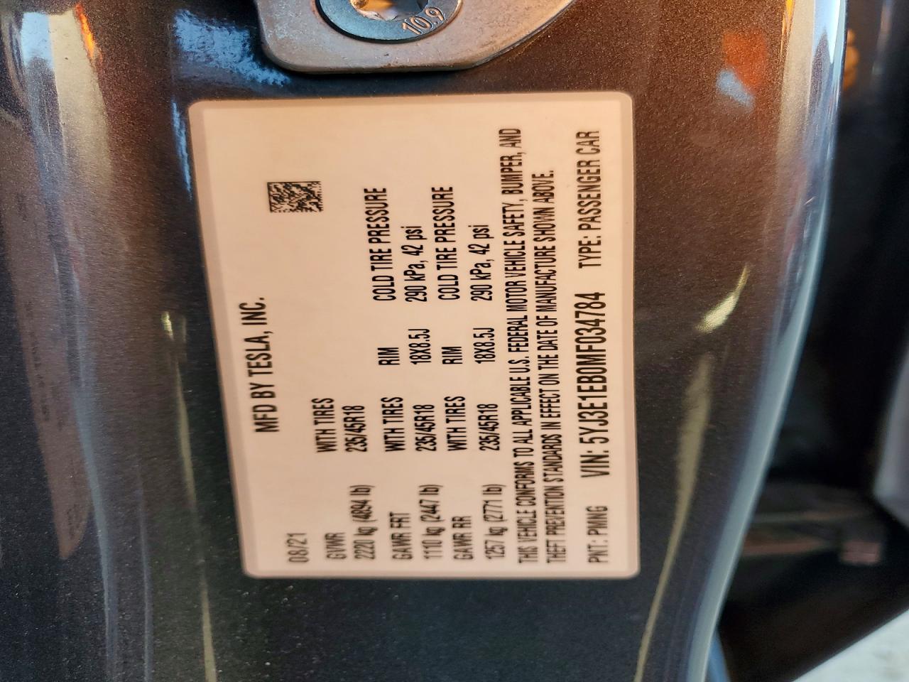 2021 TESLA MODEL 3 LR DM